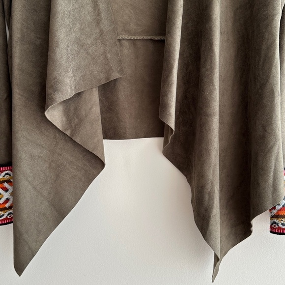 Kaui Suede Cardigan Jacket with Fabric Trim, Army Green/Multi, Size Large - Picture 9 of 15